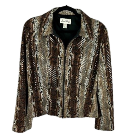 Joseph Ribkoff Brown Sequin Snake Skin Print Full Zip Jacket Size 14 - Picture 1 of 12